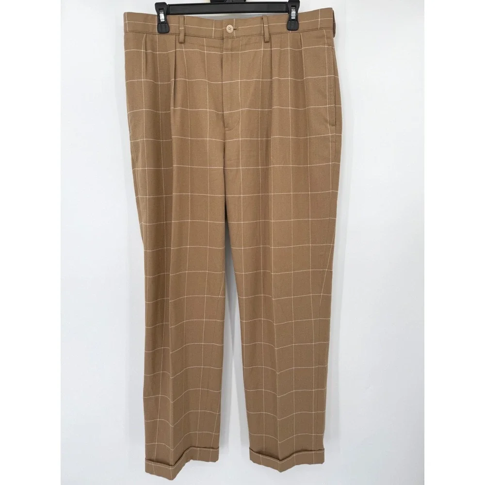 Polo Golf Ralph Lauren Pants Mens 34x33 Tan Windowpane Cotton Wool Silk Pleated